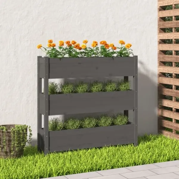 New Plantekasse i massivt fyrretræ - Dekorativ til stuer og altaner | Størrelse: 112x25x104,5 cm | Farve: Grå Plantningsbænke