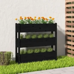 Discount Plantekasse i massivt fyrretræ - Dekorativ til altaner | Størrelse: 112x25x104,5 cm | Farve: Sort Plantningsbænke