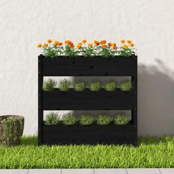 Discount Plantekasse i massivt fyrretræ - Dekorativ til altaner | Størrelse: 112x25x104,5 cm | Farve: Sort Plantningsbænke