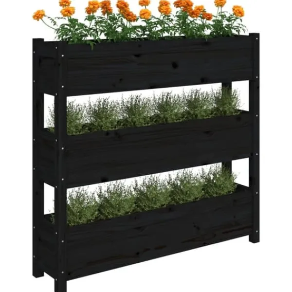 Discount Plantekasse i massivt fyrretræ - Dekorativ til altaner | Størrelse: 112x25x104,5 cm | Farve: Sort Plantningsbænke