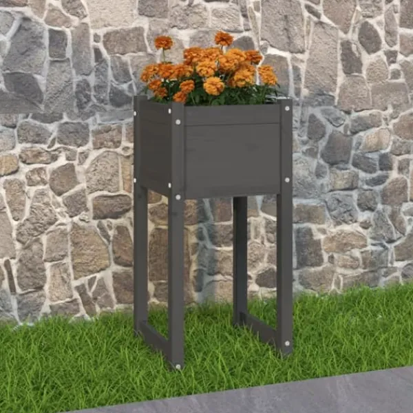 Plantningsbænke^Plantekasse i massivt fyrretræ - Dekorativ blomsterkasse | Størrelse: 40x40x81 cm | Farve: Grå