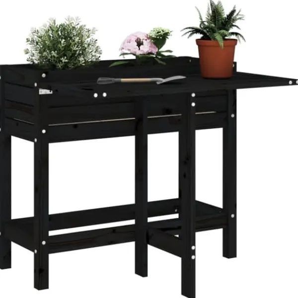 Plantningsbænke^Plantekasse med foldbar bordplade i massivt fyrretræ | Farve: Sort