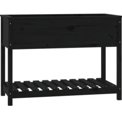 New Plantekasse med hylde i massivt fyrretræ - Ergonomisk design | Størrelse: 111,5x54x81 cm | Farve: Sort Plantningsbænke