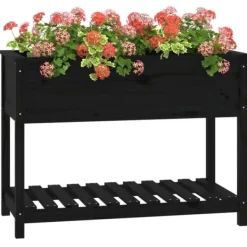 New Plantekasse med hylde i massivt fyrretræ - Ergonomisk design | Størrelse: 111,5x54x81 cm | Farve: Sort Plantningsbænke