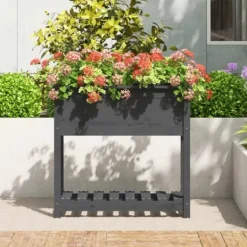 Best Plantekasse med hylde i massivt fyrretræ - Ergonomisk højbed | Størrelse: 82,5x34,5x81 cm | Farve: Grå Plantningsbænke