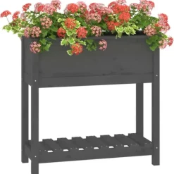 Best Plantekasse med hylde i massivt fyrretræ - Ergonomisk højbed | Størrelse: 82,5x34,5x81 cm | Farve: Grå Plantningsbænke