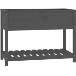 Plantningsbænke^Plantekasse med hylde i massivt fyrretræ - Højbed til blomster | 111,5x54x81 cm | Farve: Grå