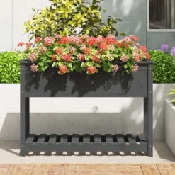 Plantningsbænke^Plantekasse med hylde i massivt fyrretræ - Højbed til blomster | 111,5x54x81 cm | Farve: Grå