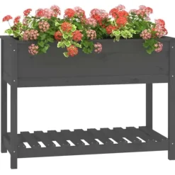 Plantningsbænke^Plantekasse med hylde i massivt fyrretræ - Højbed til blomster | 111,5x54x81 cm | Farve: Grå