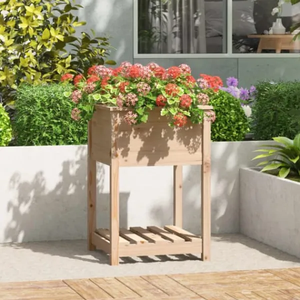 Plantningsbænke^Plantekasse med hylde i massivt fyrretræ | Størrelse: 54x54x81 cm