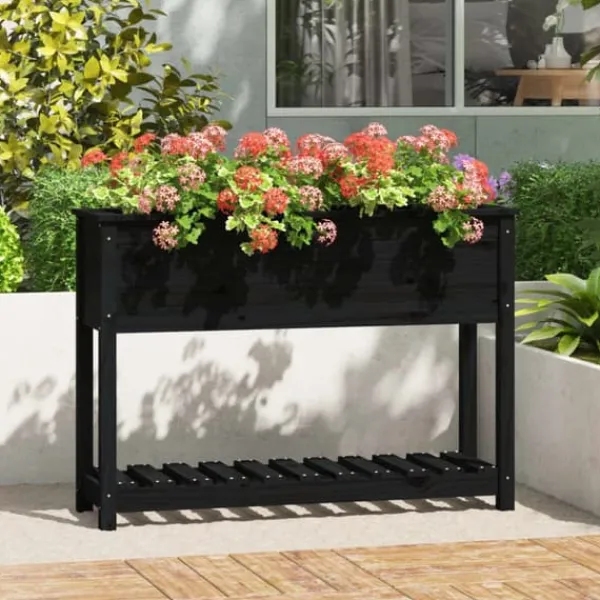 Clearance Plantekasse med hylde i massivt fyrretræ - Ergonomisk design | Størrelse: 111,5x34,5x81 cm | Farve: Sort Plantningsbænke