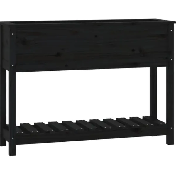 Clearance Plantekasse med hylde i massivt fyrretræ - Ergonomisk design | Størrelse: 111,5x34,5x81 cm | Farve: Sort Plantningsbænke