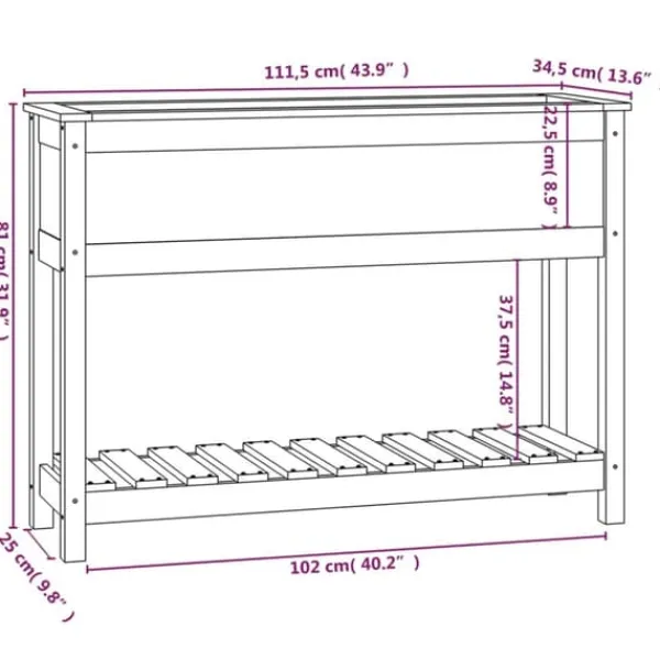 Clearance Plantekasse med hylde i massivt fyrretræ - Ergonomisk design | Størrelse: 111,5x34,5x81 cm | Farve: Sort Plantningsbænke