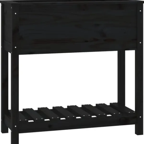 Plantningsbænke^Plantekasse med hylde i massivt fyrretræ - Ergonomisk design | Størrelse: 82,5x34,5x81 cm | Farve: Sort