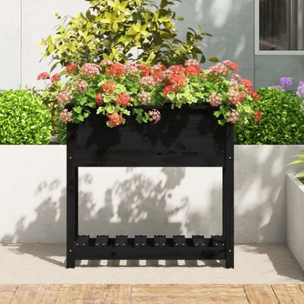 Plantningsbænke^Plantekasse med hylde i massivt fyrretræ - Ergonomisk design | Størrelse: 82,5x34,5x81 cm | Farve: Sort