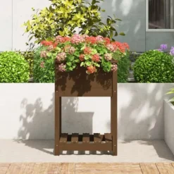 Plantningsbænke^Plantekasse med hylde i massivt fyrretræ - Højbed | Farve: Gyldenbrun | Størrelse: 54x54x81 cm