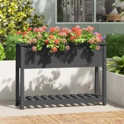 Clearance Plantekasse med hylde i massivt fyrretræ - Ergonomisk højbed | Størrelse: 111,5x34,5x81 cm | Farve: Grå Plantningsbænke