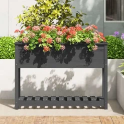 Clearance Plantekasse med hylde i massivt fyrretræ - Ergonomisk højbed | Størrelse: 111,5x34,5x81 cm | Farve: Grå Plantningsbænke