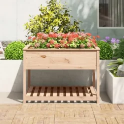 Outlet Plantekasse med hylde i massivt fyrretræ - Højbed | Størrelse: 111,5x111,5x81 cm Plantningsbænke