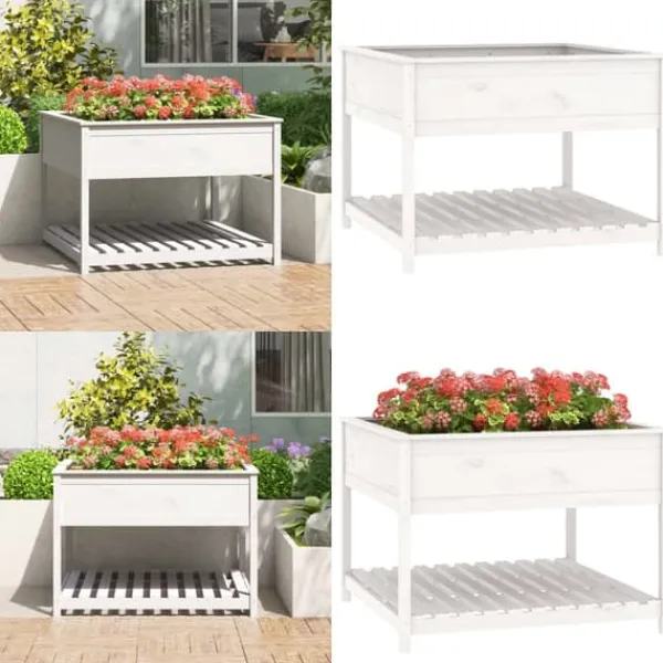 Hot Plantekasse med hylde 111,5x111,5x81 cm massivt fyrretræ hvid - Plantekasse - Plantekasser - Home & Living Plantningsbænke
