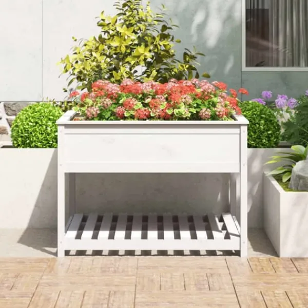 Hot Plantekasse med hylde 111,5x111,5x81 cm massivt fyrretræ hvid - Plantekasse - Plantekasser - Home & Living Plantningsbænke