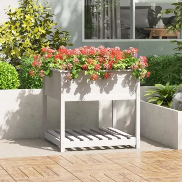 New Plantekasse med hylde 82,5x82,5x81 cm massivt fyrretræ hvid - Plantekasse - Plantekasser - Home & Living Plantningsbænke