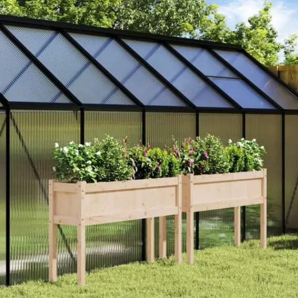 Sale Plantekasser 2 stk. i massivt fyrretræ med ben - Dekorative til haven | Farve: Naturlig træ | Størrelse: 100x40x80 cm Plantningsbænke