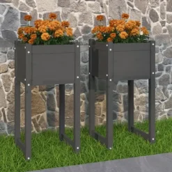 Sale Plantekasser 2 stk. til haven | Massivt fyrretræ | Størrelse: 40x40x81 cm | Farve: Grå Plantningsbænke