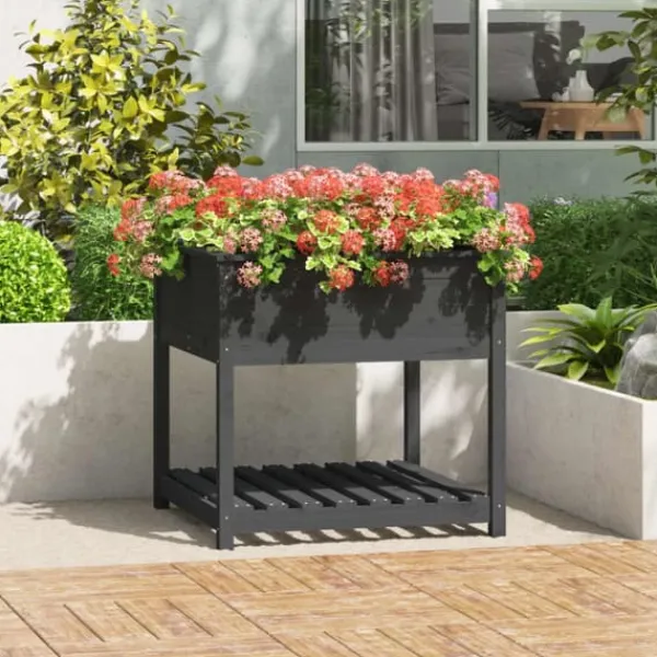 Outlet Plantekrukker - Living plantekasse med hylde 82,5x82,5x81 cm massivt fyrretræ grå Krukker & Plantebeholdere