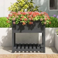 Outlet Plantekrukker - Living plantekasse med hylde 82,5x82,5x81 cm massivt fyrretræ grå Krukker & Plantebeholdere