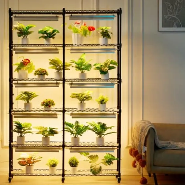 Plantestativer^Planteopsats med vækstlys, 90x35x150 cm, Sort, Metal