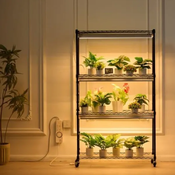 Plantestativer^Planteopsats med vækstlys, 90x35x150 cm, Sort, Metal