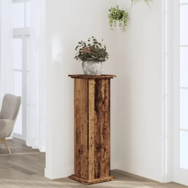 Plantestativer^Plantestativ i konstrueret træ - Moderne og stabil | Størrelse: 33x33x100 cm | Farve: Gammelt trælook