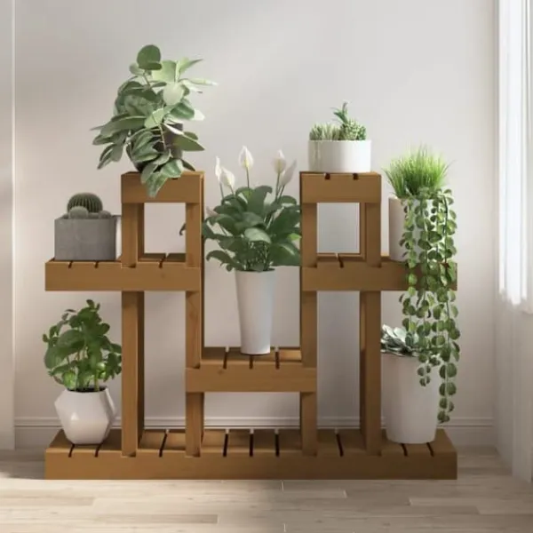 Discount Plantestativ i massivt fyrretræ - Flere hylder til blomster | Størrelse: 104,5x25x77,5 cm | Farve: Gyldenbrun Plantestativer
