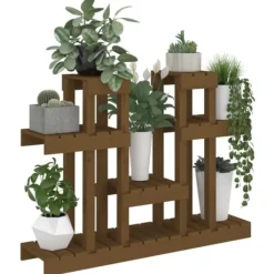 Discount Plantestativ i massivt fyrretræ - Flere hylder til blomster | Størrelse: 104,5x25x77,5 cm | Farve: Gyldenbrun Plantestativer