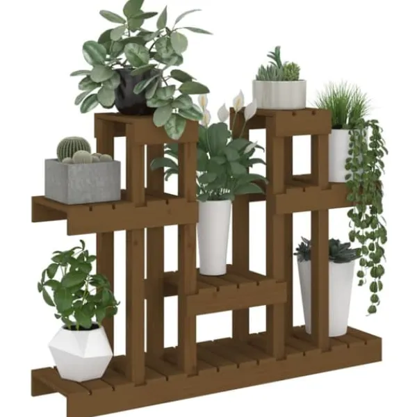 Discount Plantestativ i massivt fyrretræ - Flere hylder til blomster | Størrelse: 104,5x25x77,5 cm | Farve: Gyldenbrun Plantestativer