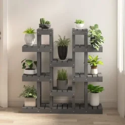 New Plantestativ i massivt fyrretræ - Elegant plantehylde | Størrelse: 104,5x25x109,5 cm | Farve: Grå Plantestativer