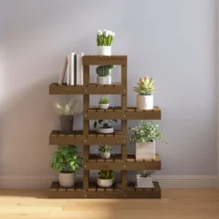 Plantestativer^Plantestativ i massivt fyrretræ - Charmerende plantehylde | Størrelse: 85x25x109,5 cm | Farve: Gyldenbrun