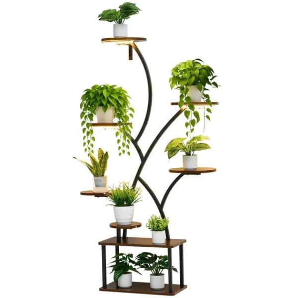 Plantestativer^Plantestativ Indendørs - Plantehylde med Vækstlys - 8-Etagers - Hjørnedesign i Metal - 157,5 cm Høj - 3 Timere & 10 Lysstyrker - Træformet