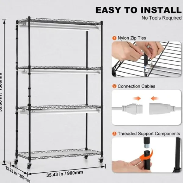 Kit Til Plante- & Urtedyrkning^Plantestativ med væksterlys 4 etager, 180W, 150 cm, Høj væksthylle til planter, justerbar lysstyrke, hurtig installation.