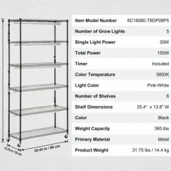 Sale Plantestativ med vækstlys 6 etager, 180W, 70,9, indendørs plantedyrkningshylde, justerbar højde, moderne design. Kit Til Plante- & Urtedyrkning