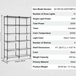 Clearance Plantestativ med vækstlys 6 etager, 200W, 59,1'', indendørs plantehylde, optimal vækst, justerbar lysstyrke. Plantestativer