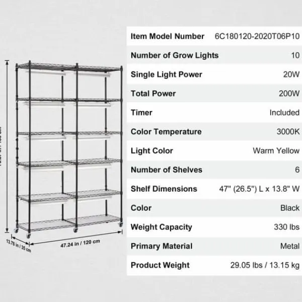 Clearance Plantestativ med vækstlys 6 etager, 200W, 59,1'', indendørs plantehylde, optimal vækst, justerbar lysstyrke. Plantestativer