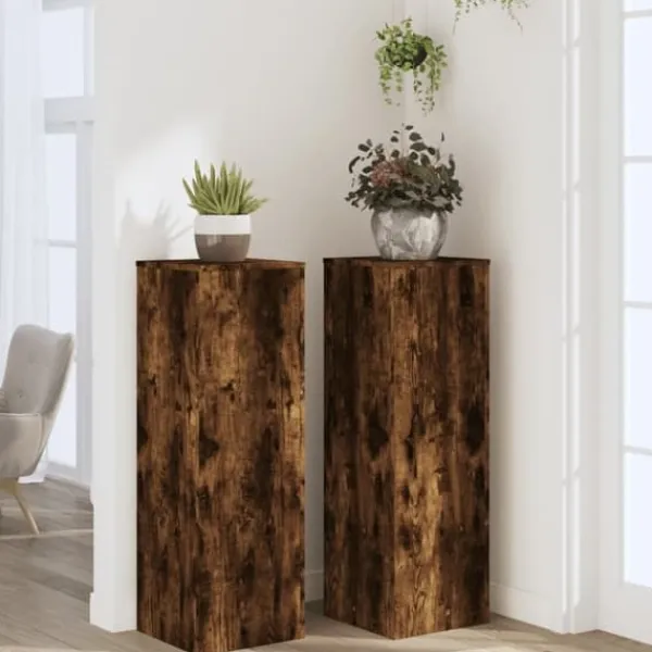 Plantestativer 2 stk. i konstrueret træ - Modern design | Størrelse: 33x33x100 cm | Farve: Røget eg Plantestativer