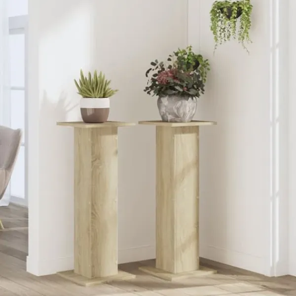 Best Plantestativer i 2-pak - Hule træstativ | Størrelse: 30x30x80 cm | Farve: Sonoma-eg Plantestativer