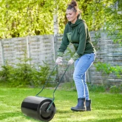 Haveværktøj^Plænerulle Ø40 cm med U-håndtag – 60 L vand/sand, sort stål 57×40×123 cm