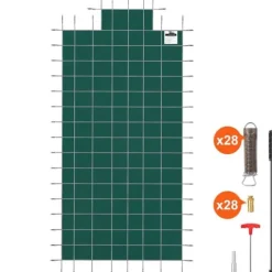 Pool- & Spatilbehør^Poolsikkerhedsafdækning til rektangulære 16x32 fod bassiner, med drænhuller og trin. Perfekt til vinterbeskyttelse. Grøn og solid.