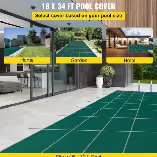 Pool- & Spatilbehør^Poolsikkerhedsafdækning til rektangulære 16x32 fod bassiner, med drænhuller og trin. Perfekt til vinterbeskyttelse. Grøn og solid.