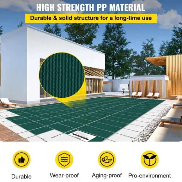 Pool- & Spatilbehør^Poolsikkerhedsafdækning til rektangulære 16x32 fod bassiner, med drænhuller og trin. Perfekt til vinterbeskyttelse. Grøn og solid.