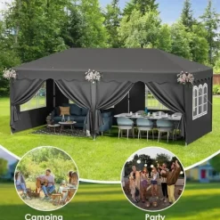 Telte & Lysthuse^Pop up pavillon - Foldbart festtelt - 3x6 m vandtæt - 6 sidevægge, helt lukket - UV 50+ - Højdejusterbar 2–3 m - Mørkegrå